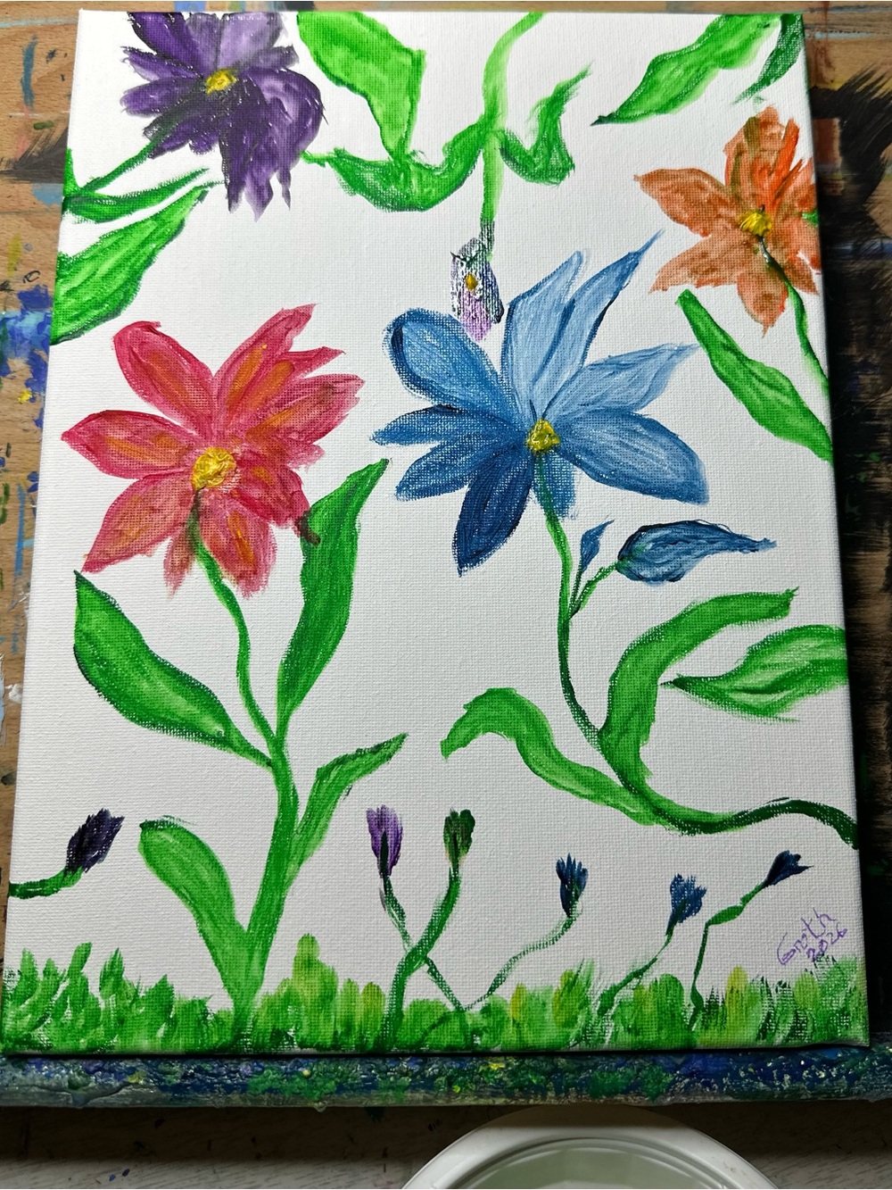Bright Hand-Painted Floral Canvas — Blue, Pink, Purple & Orange Flowers